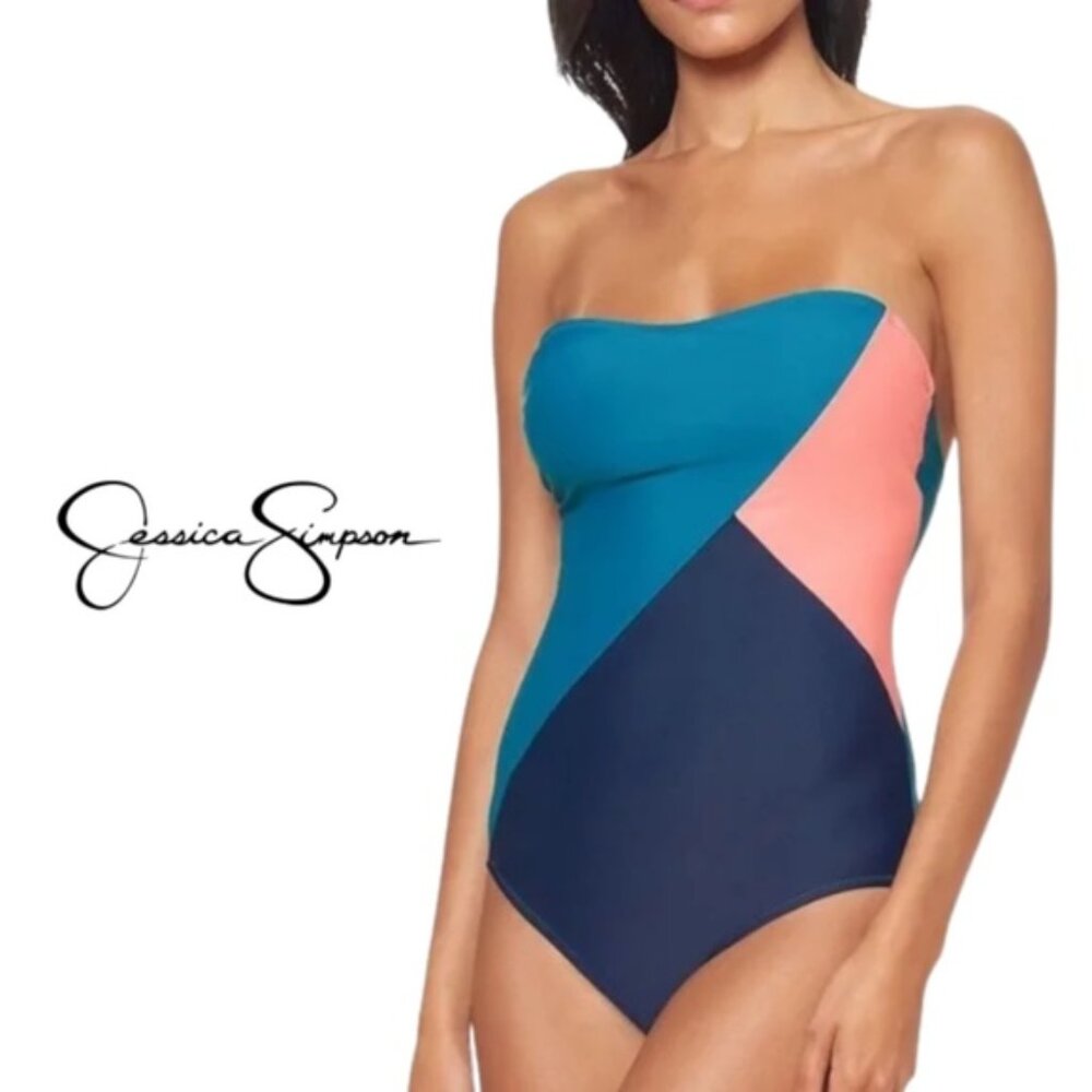 Jessica Simpson NWT Colorblock Strapless One-Piece Swimsuit Teal Coral Navy - S